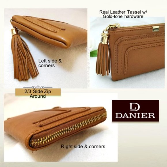 DANIER Genuine Leather Women’s Brown Zip Large Wallet Clutch Tassel Gold-tone - Picture 8 of 11